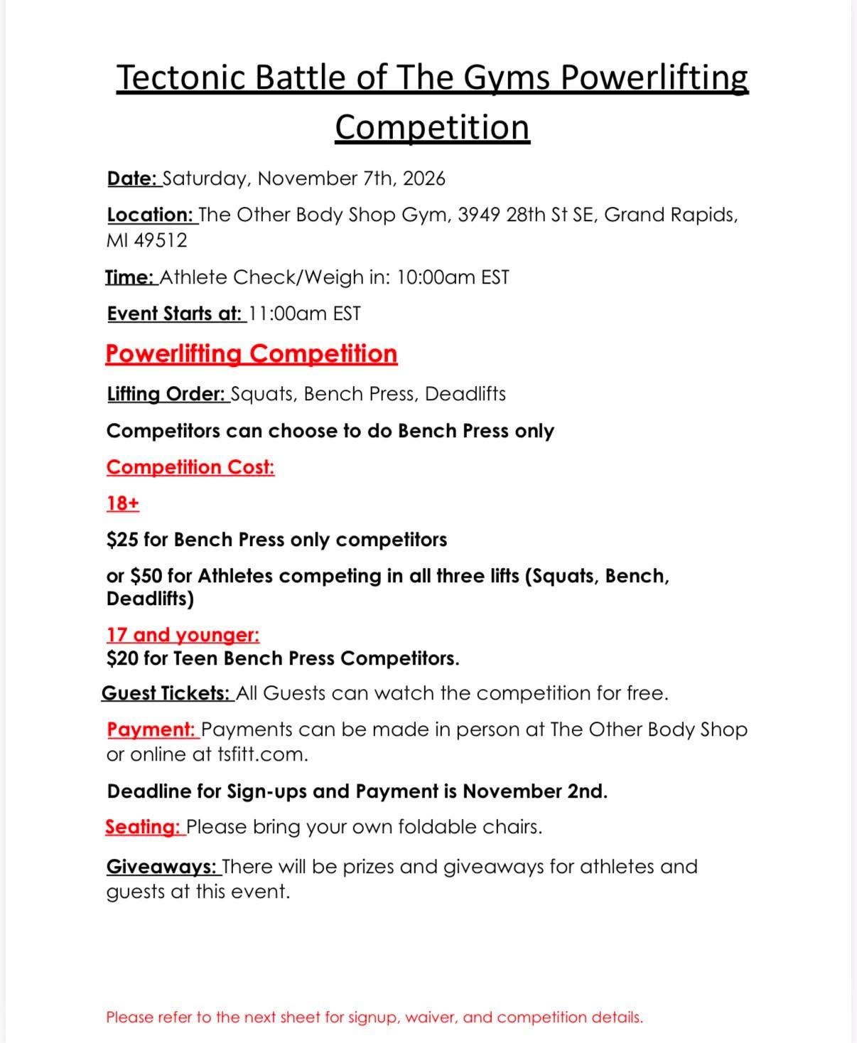 2026 Tectonic Battle of the Gyms Powerlifting Comp: Adult (18+) Bench Press Only Comp